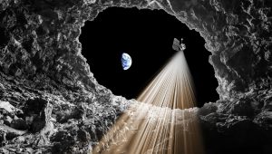 Umelecký dojem z lunárnej jamy na Mare Tranquillitatis, ktorá ukrýva desiatky metrov dlhý sprístupnený jaskynný kanál. Fotografia: Nasa