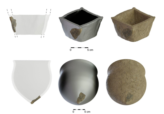 3D vizualizácia (A) zvláštne zakriveného fragmentu nájdeného v Santovke a hypotetické variácie tvarovej rekonštrukcie. Zdroj: MUNI