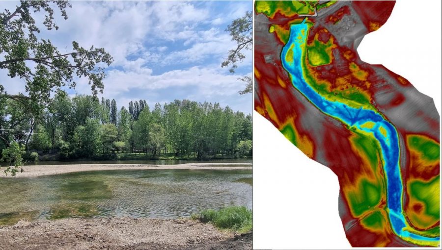 Klátovské rameno a mapa hĺbok pri prietoku Q=1,0 m3.s-1, aktuálny terén. Zdroj: STU