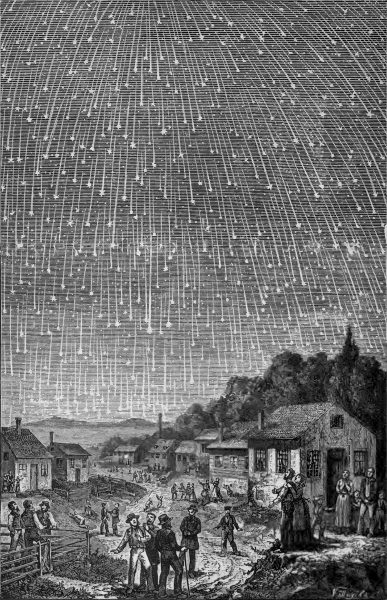 Meteorický dážď Leoníd z roku 1833. Autor kresby Adolf Vollmy. Zdroj: https://victormaxsmith.com