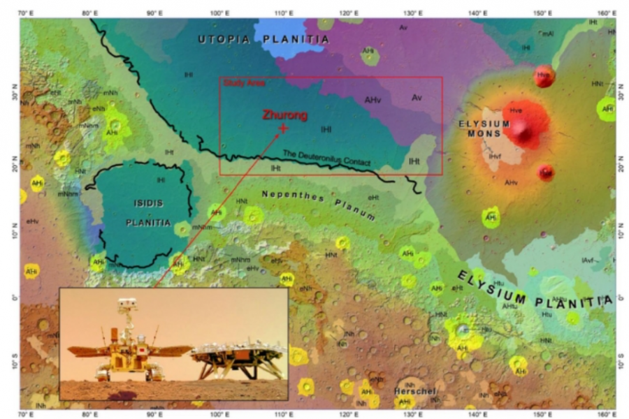 Miesto pristátia Zhurong (červený kríž). Oblasti rôznych farieb označujú rôzne geologické jednotky. Červené políčko zobrazuje oblasť štúdie. Zdroj: Scientific Reports