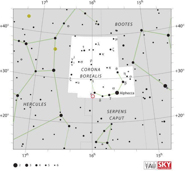 Súhvezdie Severná koruna (Corona Borealis). V červenom krúžku je označená poloha premennej hviezdy T Coronae Borealis, ktorá by mala v nasledujúcom období vzplanúť ako nova. Zdroj: wikipedia commons