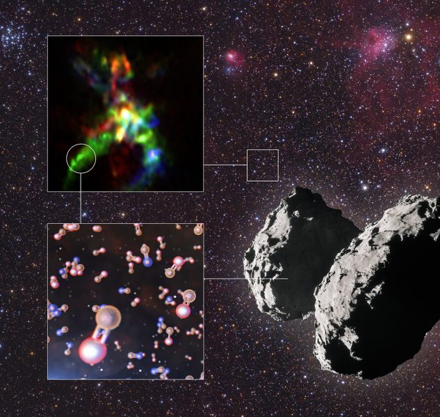 Údaje z prístroja ROSINA sondy Rosetta umožnili objav oxidu fosforečného na kométe 67P. Zdroj: M. Weigand, ALMA, ESO a ESA