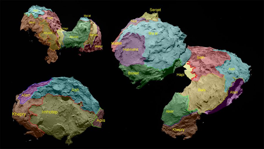 Morfologicky i vývojovo rôzne oblasti na povrchu jadra kométy 67P boli pomenované po starovekých egyptských bohoch. Odlíšených bolo 19 oblastí. Zdroj: ESA, MPS a OSIRIS tím