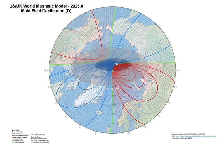 Na obrázku je znázornený posun severného magnetického pólu. Zdroj: NOAA/NCEI