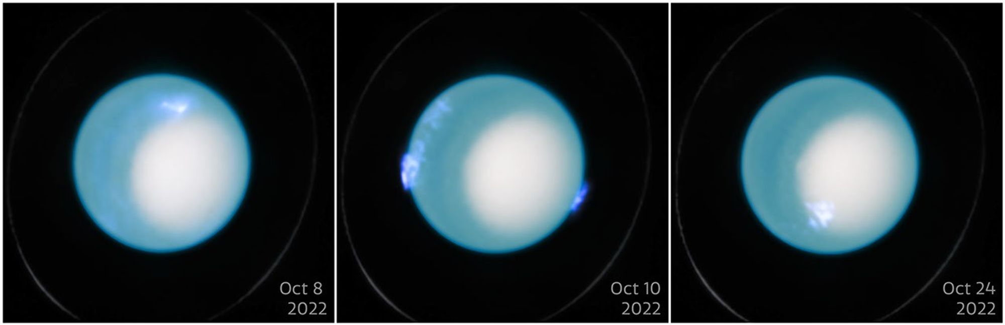 Snímky z Hubbleovho vesmírneho teleskopu zobrazujú dynamickú polárnu žiaru na Uráne v októbri 2022. Tieto pozorovania boli uskutočnené pomocou prístroja STIS (Space Telescope Imaging Spectrograph). Medzinárodný tím astronómov použil HST na vykonanie nových meraní rýchlosti interiérovej rotácie Uránu analýzou viac ako desaťročného pozorovania polárnych žiar. Spresnenie doby rotácie planéty je 1000-krát presnejšie než predchádzajúce odhady a slúži ako nový referenčný bod pre budúci planetárny výskum. Zdroj: NASA