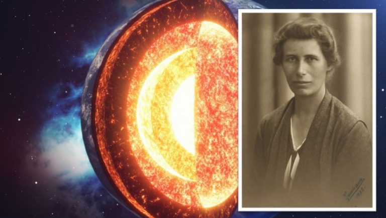 Koláž Zemské jadro a Inge Lehmann. Zdroj iStockRost-9D a Wikipedia