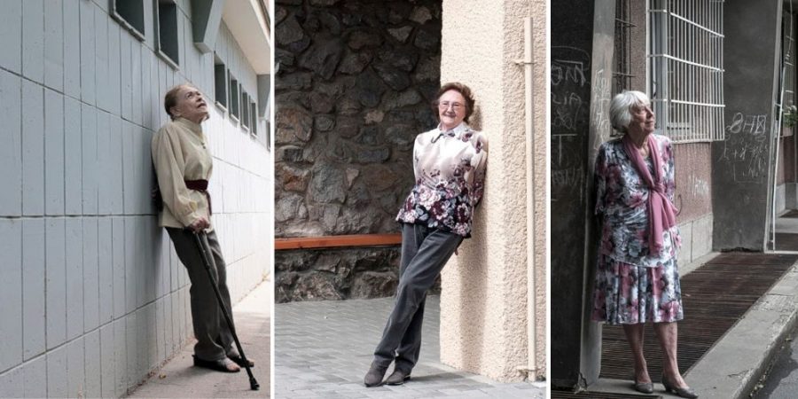 Vľavo architektka Mária Krukovská na sídlisku „Februárka“ v lete 2015, uprostred Milica Marcinková na dvore Detského diagnostického ústavu na Trnávke, vpravo Štefánia Krumlová pri škole na Metodovej ulici v Bratislave.