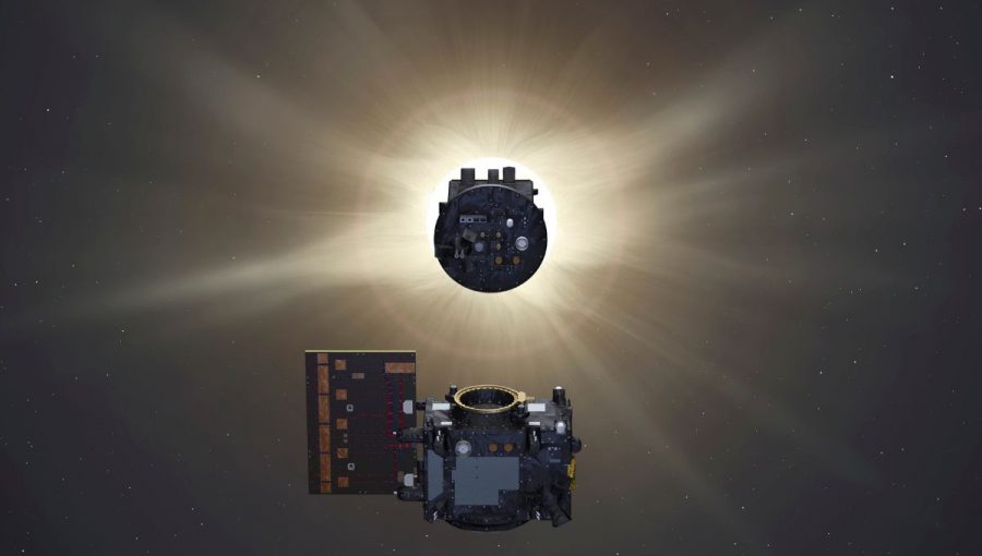 Dva satelity misie Proba-3 letia v presnej formácii asi 150 m od seba, aby vytvorili vonkajší koronograf vo vesmíre, pričom jedna sonda zatieni Slnko, aby druhá mohla skúmať inak neviditeľnú slnečnú korónu.