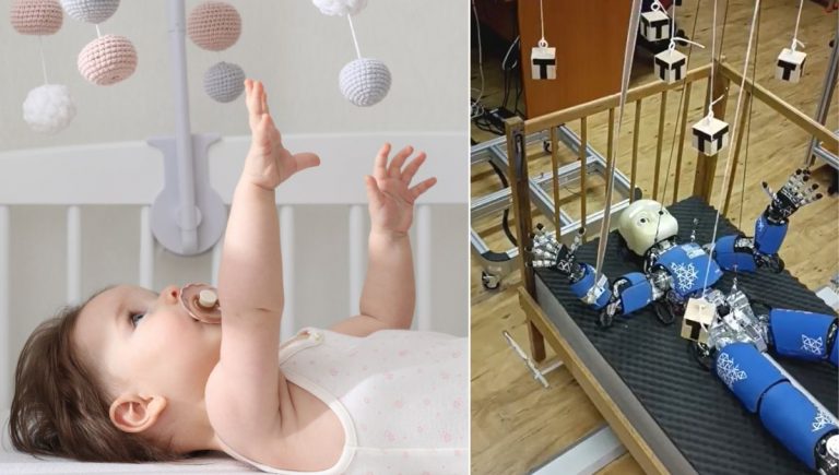 Tím docenta Mateja Hoffmanna umiestnil robota iCub do postieľky s jednoduchou hračkou, ktorá sa pohybuje (foto vpravo z videa iCub_in_the_crib_test).