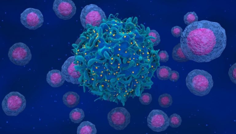 Ilustrácia zobrazuje vírus HIV vyznačený žltou farbou uvoľňujúci sa z membrány infikovanej bunky.