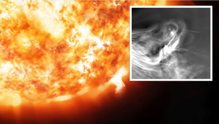 Slnečný vietor. Zdroj: (koláž) iStock/vitacopS, Youtube/NASA Goddard