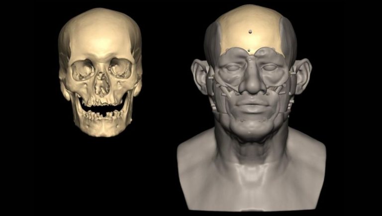 Rekonštrukcia tváre jedinca z Nuwayratu pomocou 3D skenovania lebky a analýzy kostí.