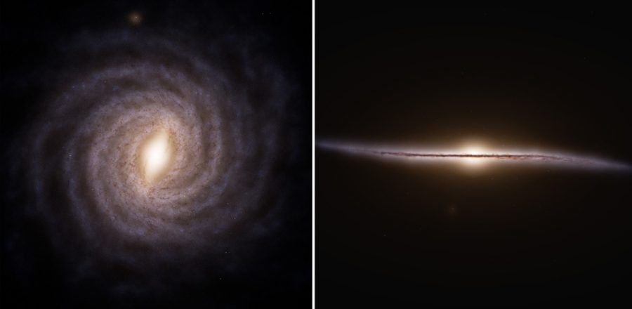 Vysoko kontrastný pohľad na Mliečnu dráhu z prednej strany (vľavo) a zboku (vpravo). Zdroj: ESA/Gaia/DPAC, Stefan Payne-Wardenaar - CC BY-SA 3.0 IGO