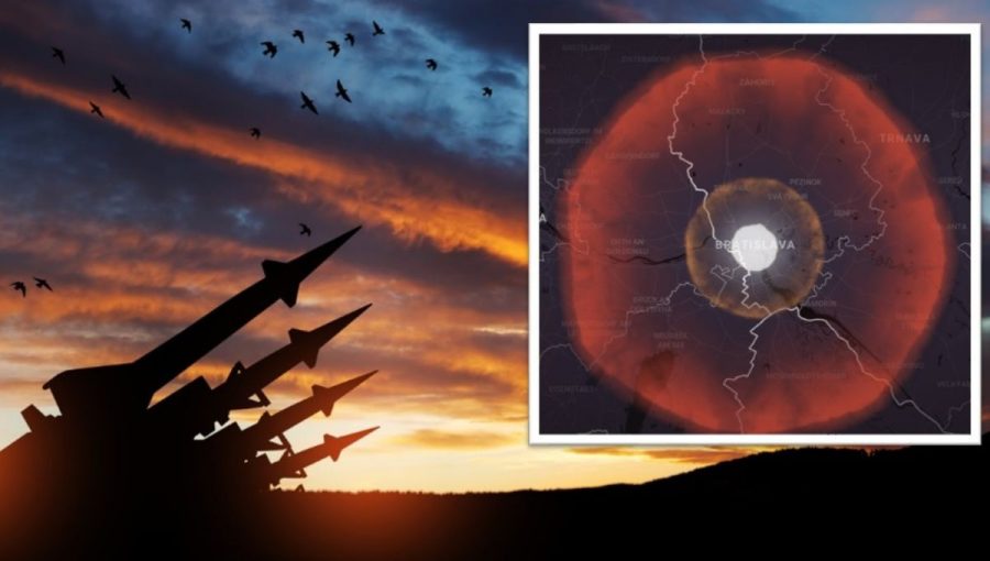 Koláž: Jadrové zbrane a epicentrum výbuchu v Bratislave. Zdroj: iStock/vadimrysev, Outrider.org