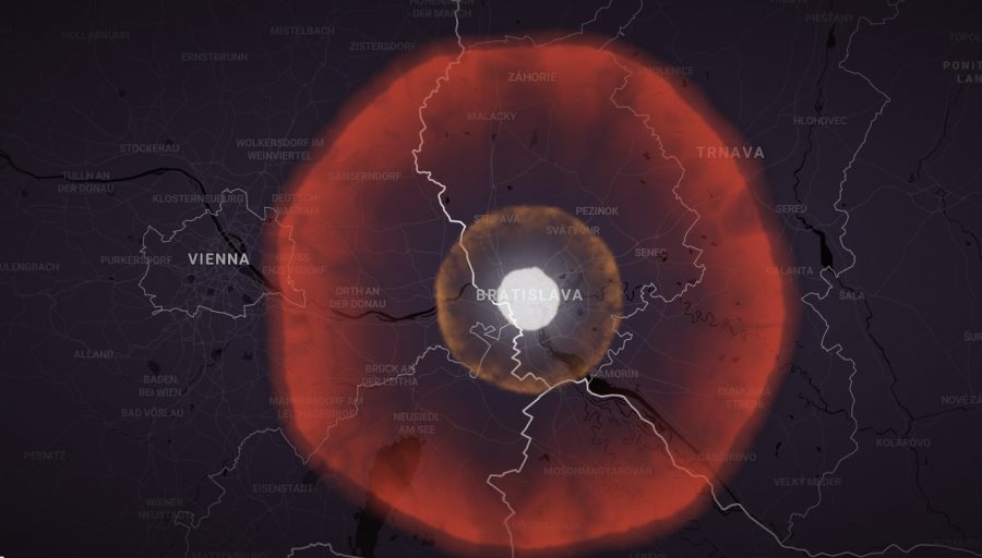 Potenciálne zasiahnuté územie po výbuchu bomby Tsar v Bratislave. Zdroj: Outrider.org