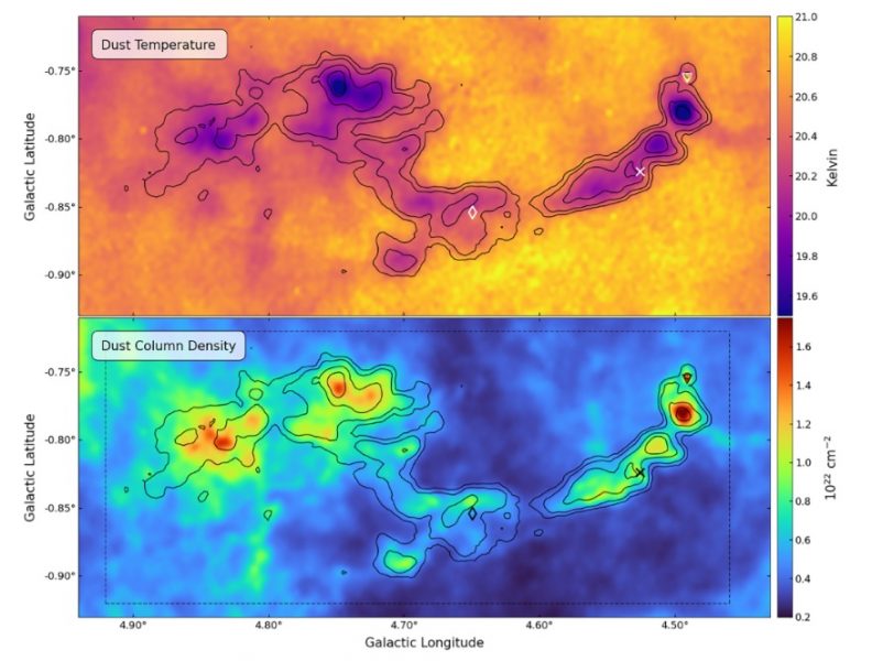 Teplota prachu v oblaku sa pohybuje medzi 19 a 21 K (obrázok hore). Morfológia chladnejšej prachovej zložky (Tdust < 20,5 K) zrejme kopíruje oblak M4,7–0,8 (obrázok 2). Zdroj: K. A. Marsh et al. (2017)