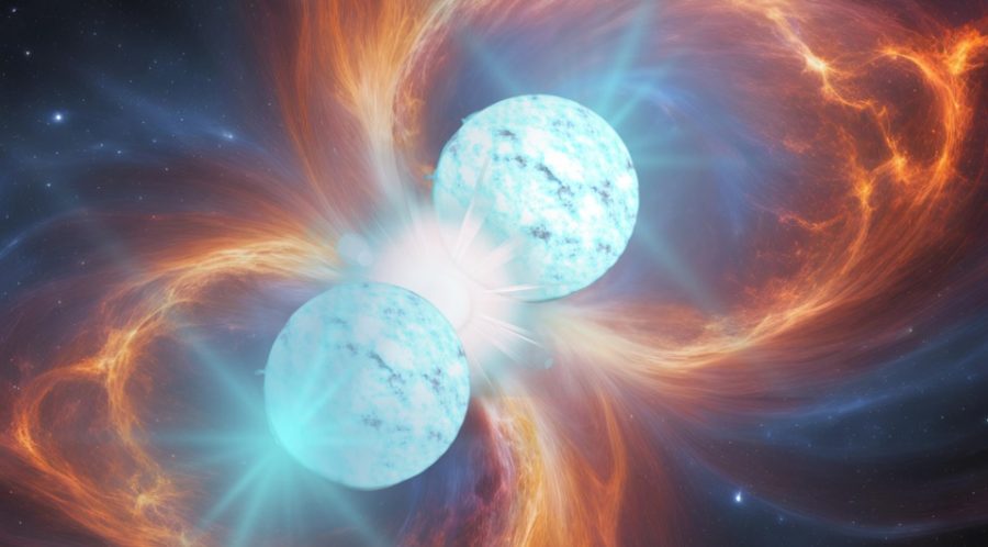 Umelecká predstava zrážky a spájania dvoch neutrónových hviezd, ktoré následne vyvolajú vesmírny jav známy ako kilonova – kratší, jasnejší a tisíckrát silnejší výbuch ako nova. Zdroj: Robert Lea