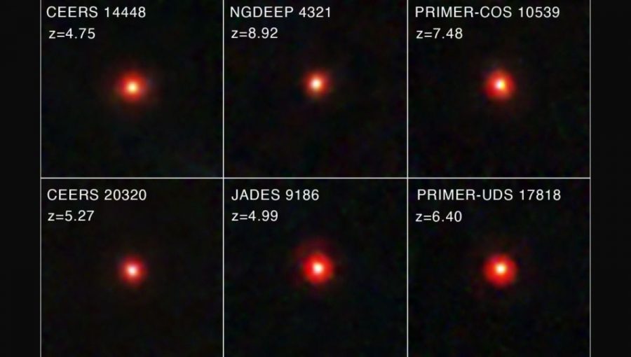 Objav malých červených bodiek z čias len 600 miliónov rokov po Veľkom tresku bol spočiatku záhadný. Prvé predpoklady naznačovali, že ide o (proto)galaxie, ale nie všetci astronómovia sa k tomuto názoru priklonili. Na obrázku je šestica bodiek z viac než trojstovky nájdených.