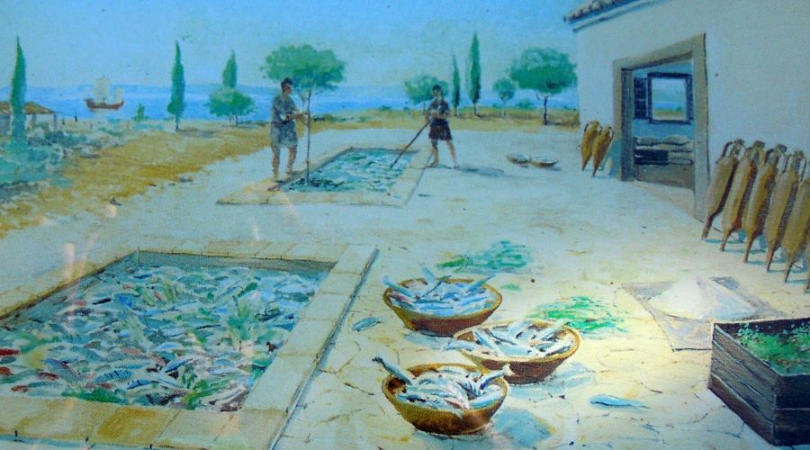 Vizualizácia zobrazujúca nádrže na solenie rýb, ktoré sa používali na výrobu rybacej omáčky garum, ktorú si Rimania veľmi cenili. Rímske ruiny vily v Cerro da Vila v letovisku Vilamoura, Loule, Algarve, Portugalsko. 