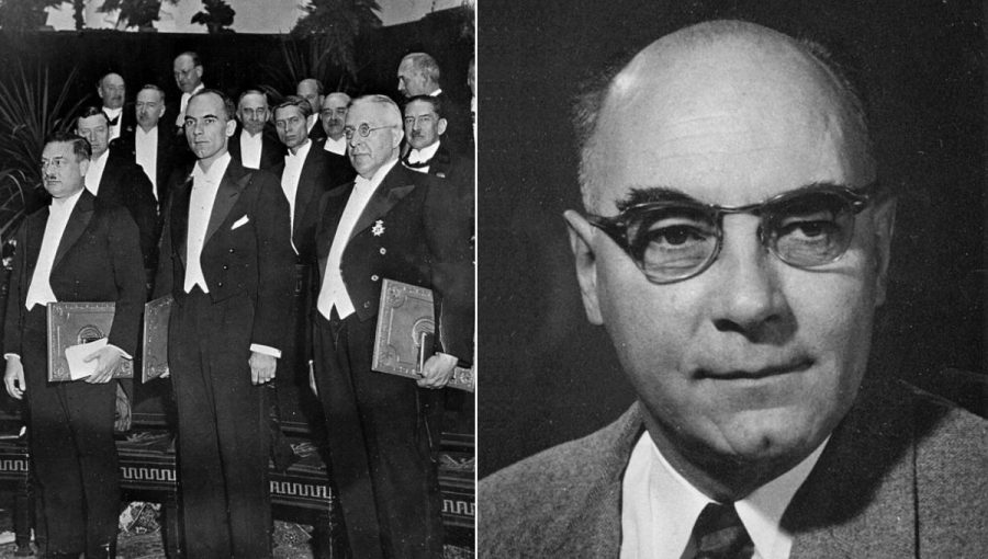 Carl D. Anderson počas udeľovania Nobelovej ceny (fotografia vľavo) a na čiernobielom portréte.