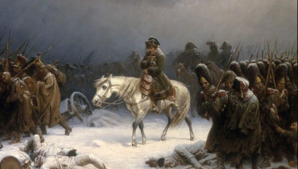 Obraz z roku 1851 s názvom „Napoleonov ústup z Moskvy“ od Adolpha Northena, zobrazujúci podmienky ústupu Napoleonovej armády.