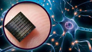 Sústava umelých neurónov. Zdroj: koláž autora (foto čipu: USC Viterbi, foto neurónu: iStock/libre de droit