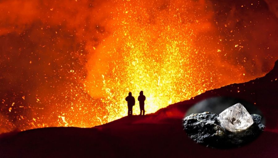 Erupcia sopky. Zdroj: iStockphotos.com. Koláž: Sopka (autor: Vershinin-M), diamant (autor: Bjoern Wylezich)