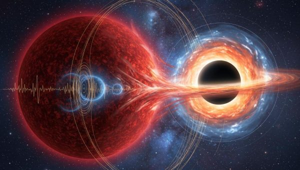 Veľká červená hviezda obiehajúca čiernu dieru. Zdroj. ESO/L. Calçada/Space Engine