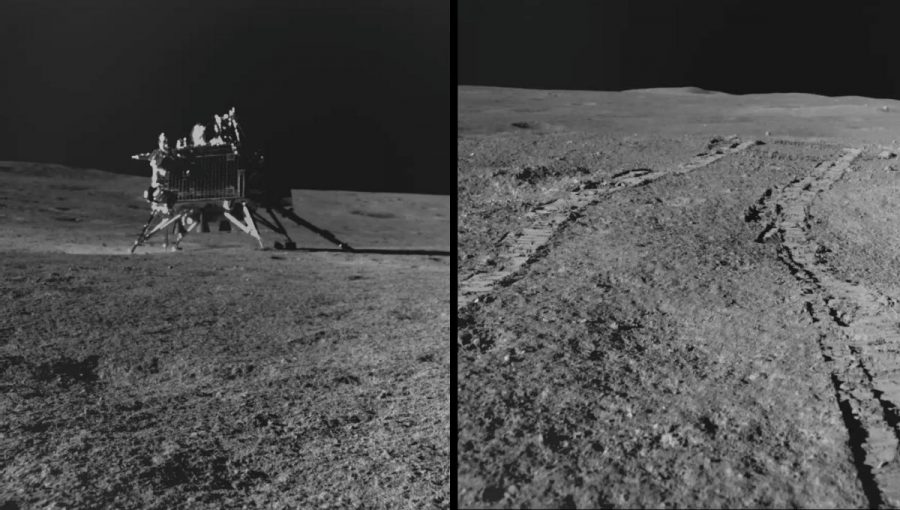 Pristávací modul Vikrám (vľavo) a stopy, ktoré zanechal na mesačnom povrchu lunárny rover Pragján, 27. august 2023 (vpravo). Zdroj: ISRO