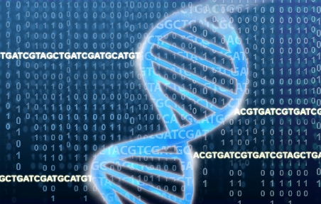 DNA dvojitá špirála s ACGT (skratka pre štyri typy báz nachádzajúcich sa v molekule DNA: adenín (A), cytosín (C), guanín (G) a tymín (T)) a binárne čísla v pozadí
