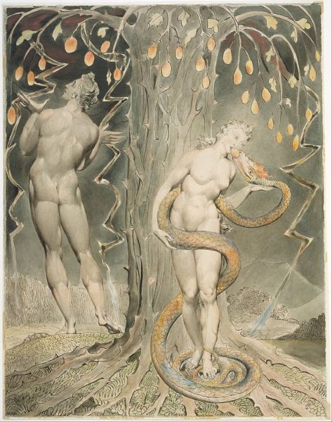 William Blake, Pokušenie a pád Evy, 1808 (illustrácia z Miltonovho Strateného raja). Zdroj: Wikipedia