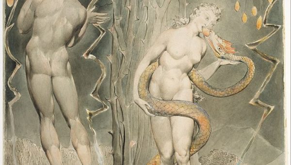 William Blake, Pokušenie a pád Evy, 1808 (illustrácia z Miltonovho Strateného raja). Zdroj: Wikipedia