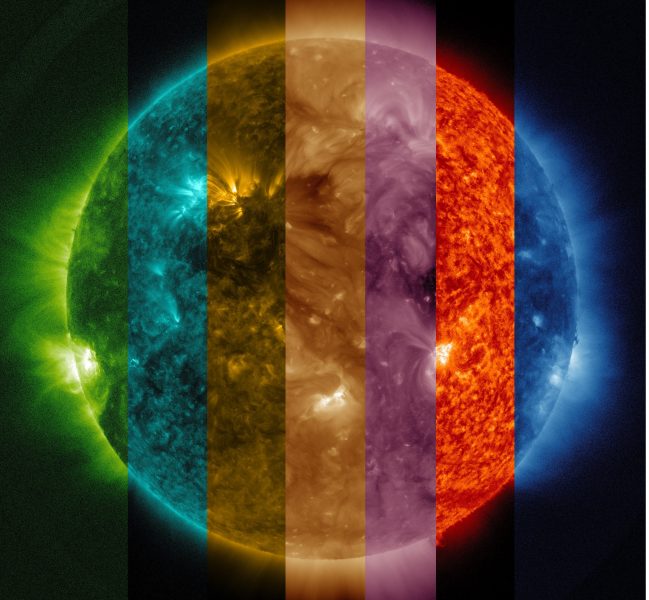 Foto 1: Slnko, pozorované na rôznych vlnových dĺžkach (kombinácia siedmych obrázkov získaných družicou SDO). Zdroj: https://thethoughtstash.wordpress.com/2013/03/03/space-scenery-a-multi-coloured-sun