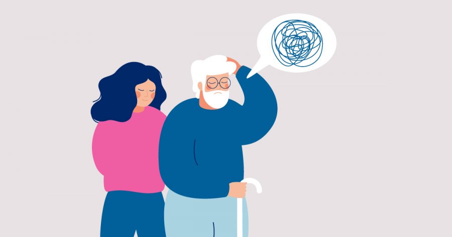 Ilustračný obrázok: Mladá žena vedie starčeka. Pred ním je rečová bublina s čmáranicou vnútri. Zdroj: iStock