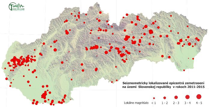 Seizmometricky lokalizované epicentrá zemetrasení na území Slovenskej republiky v rokoch 2011 – 2015