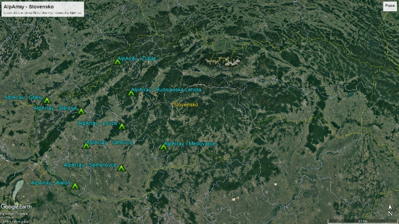 Detailnejšie zobrazenie polohy dočasných AlpArray seizmických staníc na území Slovenska.