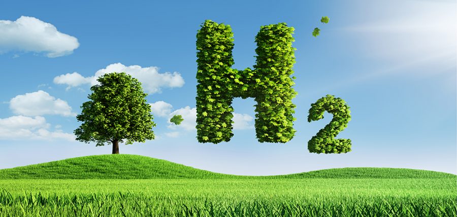 Ilustračný obrázok: lúka, strom, veľké zelené H2 na oblohe. Zdroj: iStock