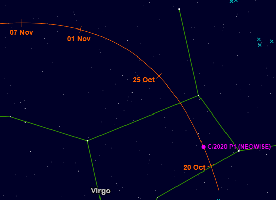 Pohyb kométy C/2020 P1 (NEOWISE) od 20. októbra do 7. novembra 2020 v súhvezdí Panny a Pastiera, Zdroj: Ján Svoreň