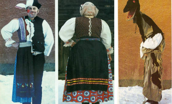 Prvé dve fotky zľava zobrazujú masku androgýna, tretia masku zvanú chriapa. Zdroj: Martin Slivka: Ľudové masky; Bratislava: Tatran 1990