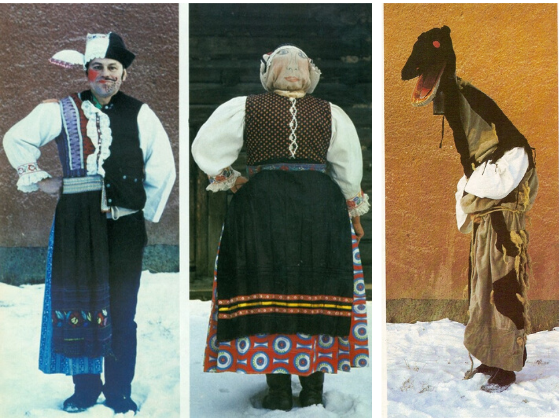 Prvé dve fotky zľava zobrazujú masku androgýna, tretia masku zvanú chriapa. Zdroj: Martin Slivka: Ľudové masky; Bratislava: Tatran 1990