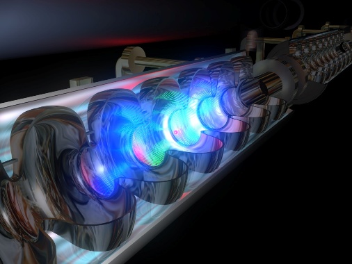 Supravodivý urýchľovač. Elektromagnetické polia urýchľujú elektróny v supravodivých v tzv. „rezonátoroch“.