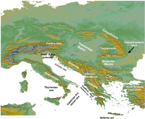 Mapa významných zlomových systémov v strednej, východnej a južnej Európe na podklade digitálneho terénneho modelu GTOPO30. Zdroj: (Caporali a kol., 2009)