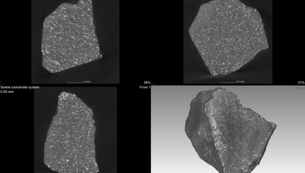 Pohľad do vnútra meteoritu vďaka skenom získaným tomografom Ústavu vied o Zemi SAV v Banskej Bystrici. Zdroj: Archív autora