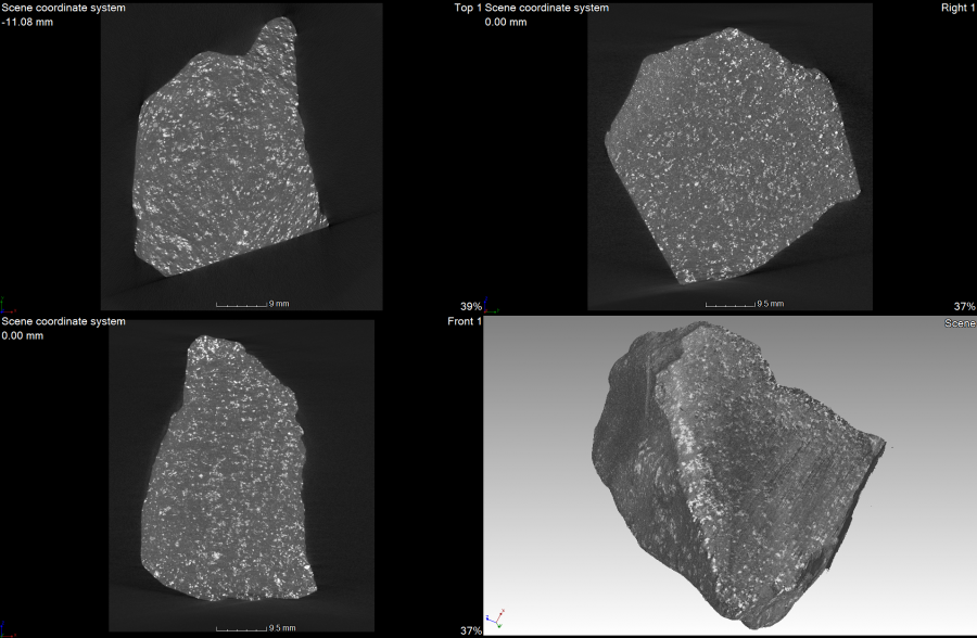 Pohľad do vnútra meteoritu vďaka skenom získaným tomografom Ústavu vied o Zemi SAV v Banskej Bystrici. Zdroj: Archív autora