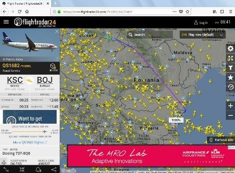 Kompletná trasa charterového letu spoločnosti Travel Service, B737-800, KSC – BOJ, z Košíc do Burgasu, 15. 7. 2018, sken je z webovej stránky flightradar24.com