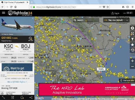 Kompletná trasa charterového letu spoločnosti Travel Service, B737-800, KSC – BOJ, z Košíc do Burgasu, 15. 7. 2018, sken je z webovej stránky flightradar24.com