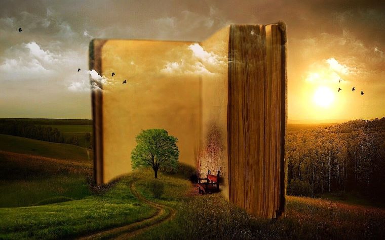 Ilustračný obrázok: Otvorená obria kniha na lúke, pred ňou malý strom, za ňou obloha so slnkom. Zdroj: Pixabay.com