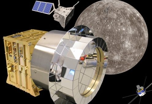 Vedecká aparatúra PICAM, v pozadí sondy MPO, MMO a planéta Merkúr