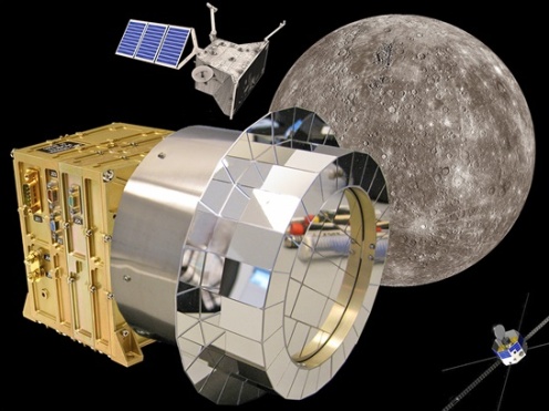 Vedecká aparatúra PICAM, v pozadí sondy MPO, MMO a planéta Merkúr